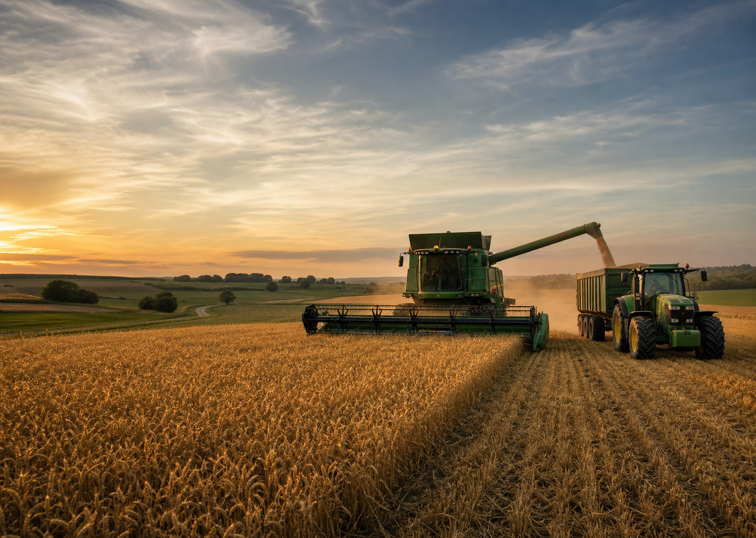 Combine harvester and tractor working in a grain field during harvest