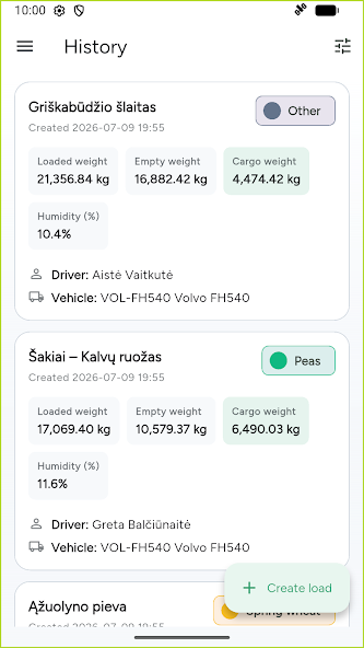 Farmnidium mobili krovinių istorija su svoriais, drėgme, vairuotoju ir transportu